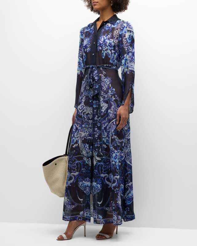 Delft Dynasty Chiffon Maxi Dress with Cutwork Lace Collar